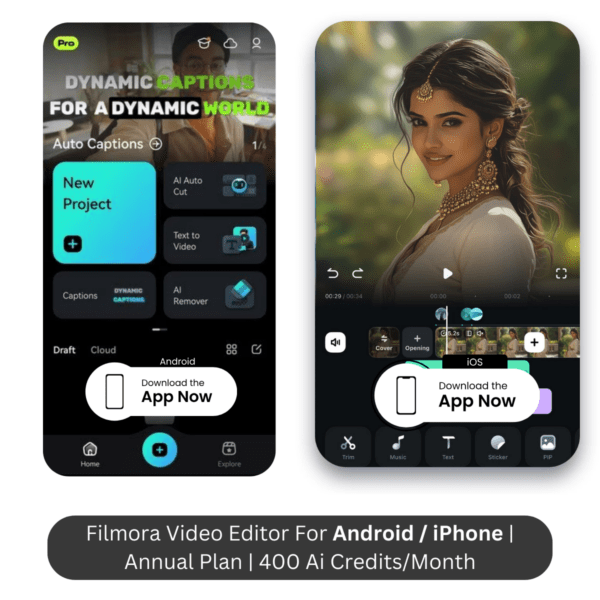 Filmora Video Editor for Android / iPhone | Annual Plan - 400 AI Credits Per month ( 1 Device)